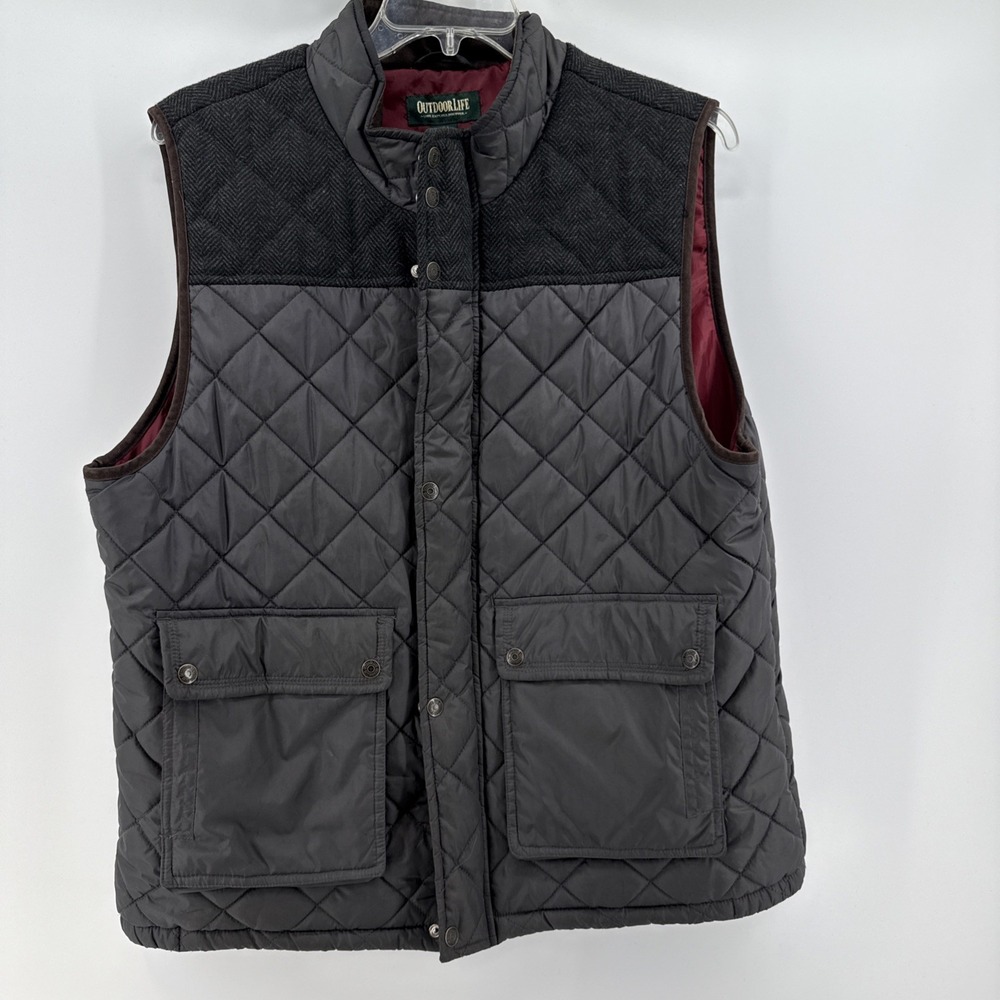 Outdoor Life Quilted Jacket Vest Mens Medium Stylish Zip Up Pockets Wool Accents